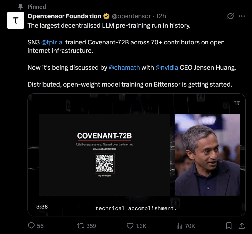 Opentensor Foundation, Covenant-72B, Bittensor, Templar SN3, Chamath, Nvidia CEO, Jensen Huang