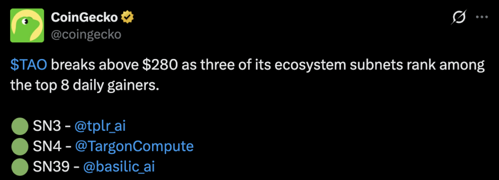 CoinGecko, Tao, Templar, Subnet 3, Targon, TargonCompute, Subnet 4, Basilic, Subnet 39, Bittensor